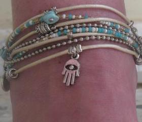 Boho Chic Beaded Champagne Leather Wrap Anklet